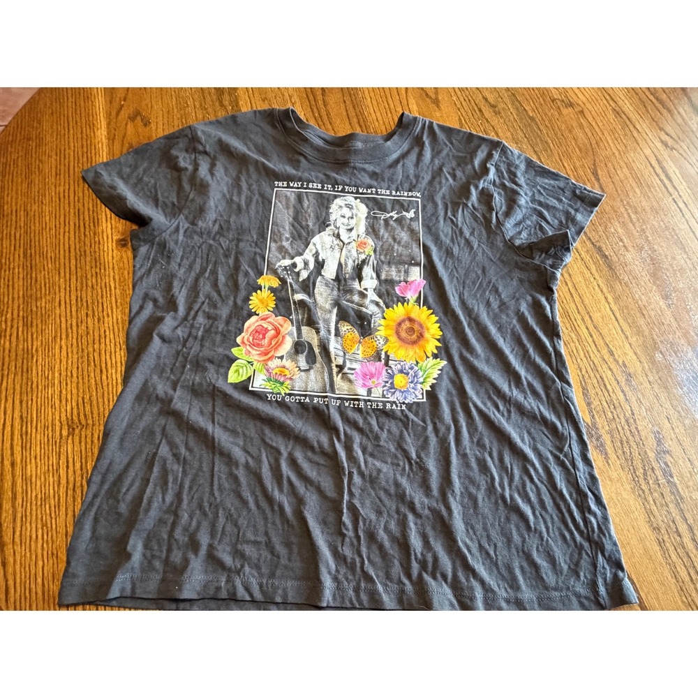 Dolly Parton Rainbow Quote Graphic T-Shirt Gray Floral Country Music Tee Large